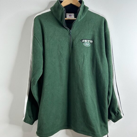 New York Jets Fleece Sweater Jacket Sz L Green NFL Football Quarter Zip Pullover - Picture 1 of 9